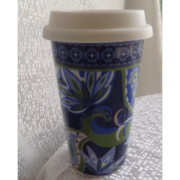 Vera Bradley Ceramic Travel Mug With  White Lid Blue‎ Paisley Print - Picture 4 of 4